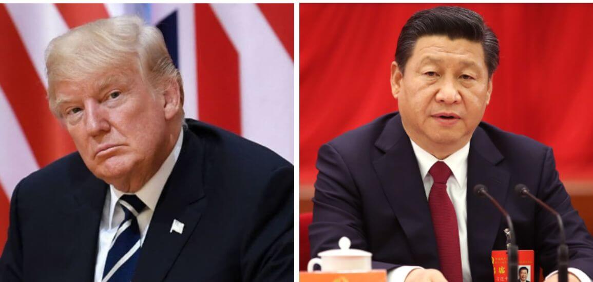 Side-by-side image of two political leaders during formal events, each seated in front of their national flags.