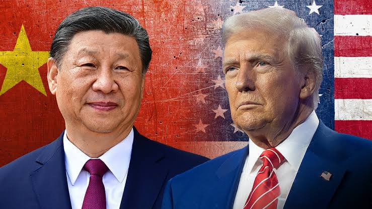 Xi Jinping and Donald Trump side by side with Chinese and American flags in the background, symbolizing US-China political tensions.