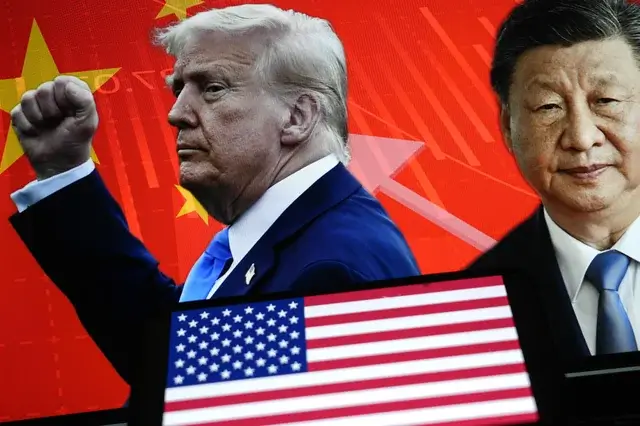 Donald Trump raises fist beside Xi Jinping against backdrop of Chinese flag and U.S. flag amid rising trade tensions.