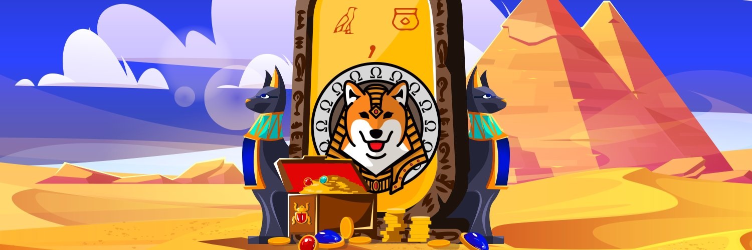 Ilustração de estilo egípcio com um Shiba Inu em destaque entre duas estátuas de Anúbis, representando o rug pull do projeto AnubisDAO