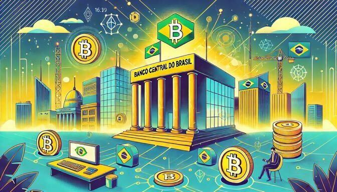 Ilustração do Banco Central do Brasil cercado por ícones de Bitcoin e blockchain, simbolizando a integração de criptoativos na economia brasileira