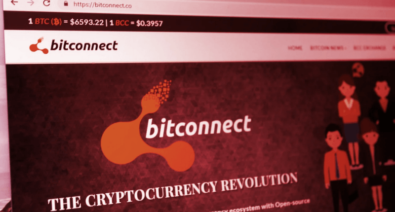 Bitconnect website homepage with the logo and tagline "The Cryptocurrency Revolution", showing cryptocurrency prices for Bitcoin (BTC) and Bitconnect Coin (BCC) in the browser address bar