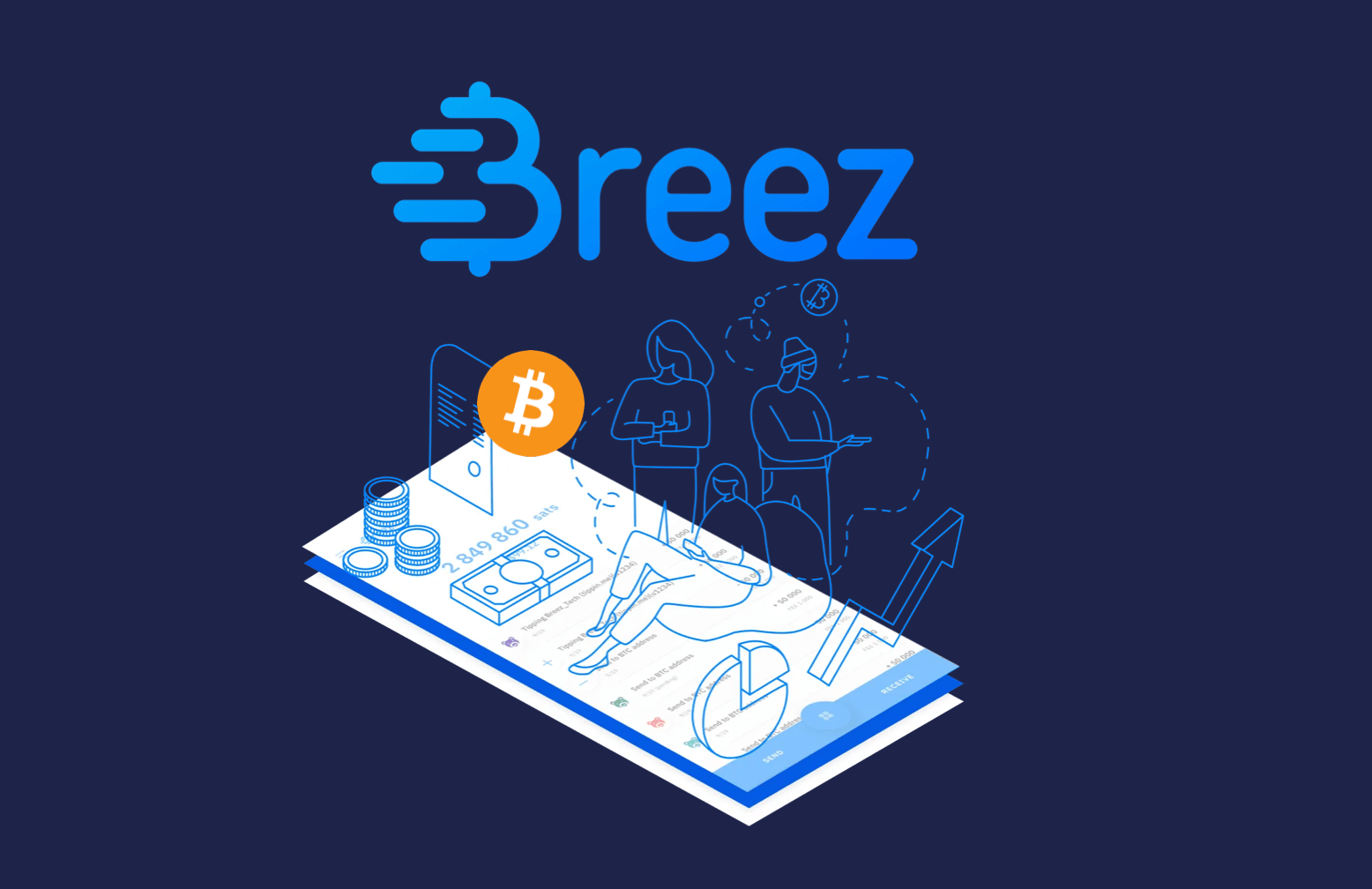 Illustration representing Breez Technology, a Lightning Network-based Bitcoin wallet. The image shows the Breez logo above a stylized mobile interface with Bitcoin icons, coins, and users interacting, symbolizing digital payments and financial tools