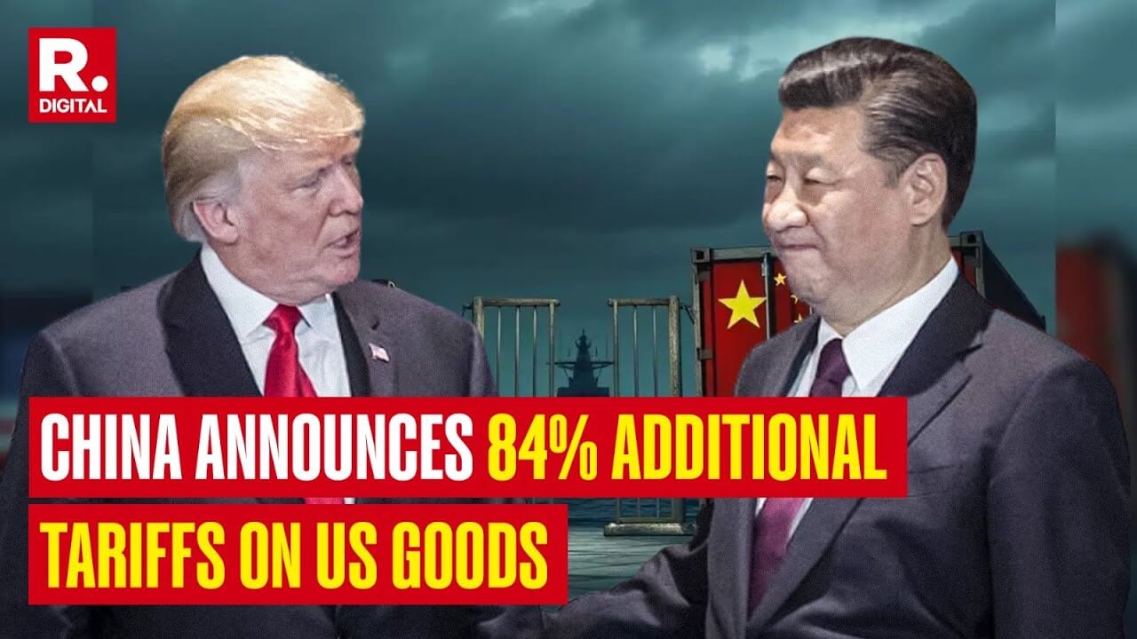 Donald Trump and Xi Jinping facing each other with shipping containers and China flags in the background, headline reads: "China announces 84% additional tariffs on US goods.