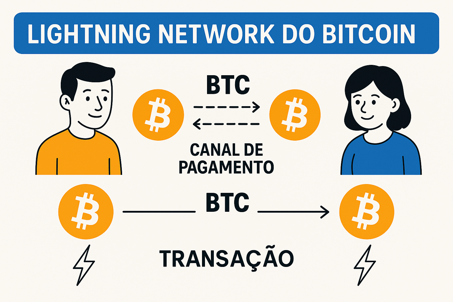 Ilustração explicando como funciona a Lightning Network do Bitcoin. Dois usuários trocam BTC através de um canal de pagamento bidirecional, com transações rápidas indicadas por setas e ícones de raio. A imagem mostra o processo de envio off-chain e a liquidação final on-chain