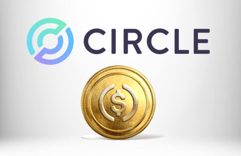 Circle logo above a golden coin with the USDC symbol, representing the USD-backed stablecoin issued by Circle.
