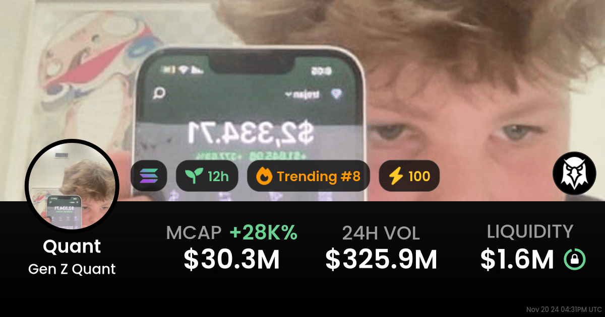 Teenage influencer ‘Gen Z Quant’ showing a phone with a $2,334 balance, alongside crypto stats of a $30.3M market cap, 28% gains, and $325.9M trading volume