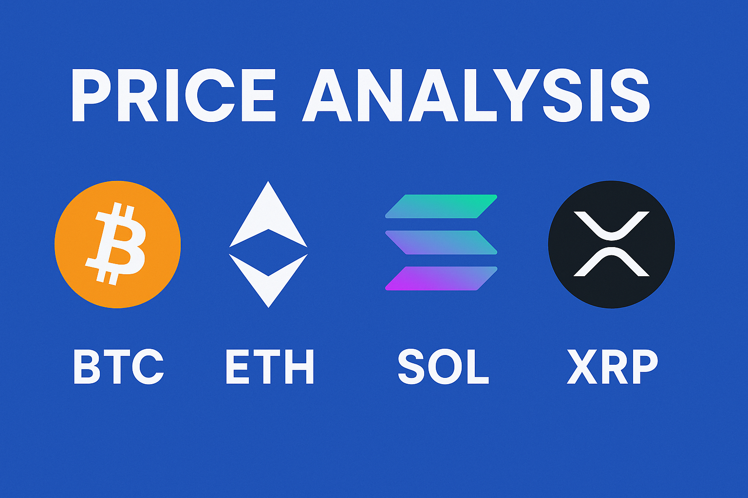 Cryptocurrency price analysis banner featuring BTC, ETH, SOL, and XRP logos on a blue background