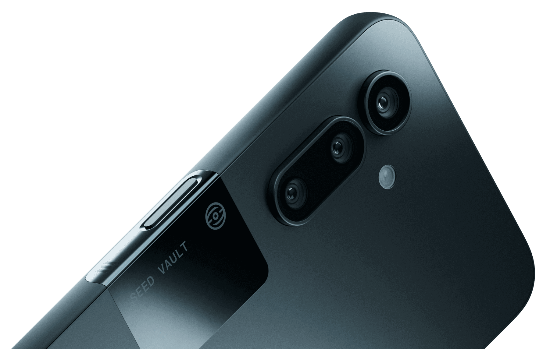 Close-up of the Solana Saga smartphone’s rear camera module with visible Seed Vault security chip for crypto key storage