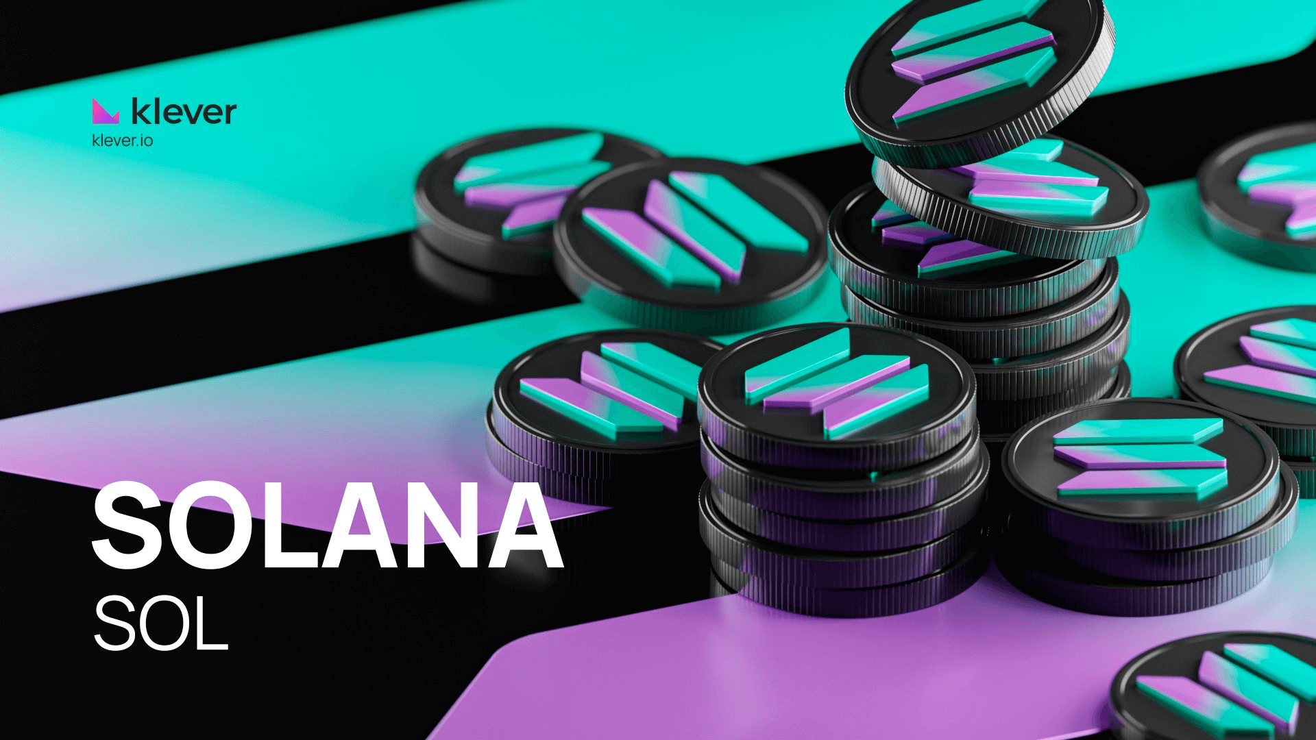 Solana (SOL) crypto coins stacked on a stylized purple and teal background with Klever logo and URL in the corner