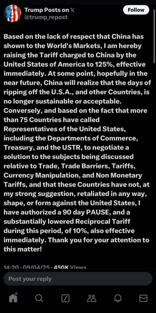 Statement from @trump_repost announcing a 125% tariff on China and a 10% reciprocal tariff pause for 90 days.