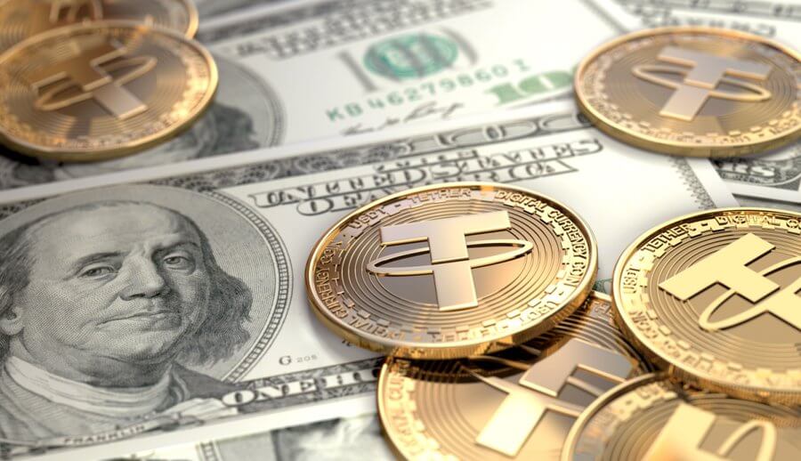 Tether (USDT) digital coins on $100 bills, symbolizing the parity between stablecoin and fiat currency.