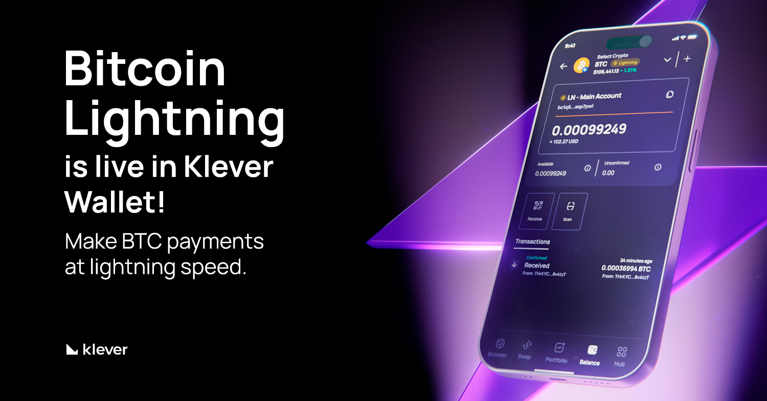 Bitcoin Lightning is live in Klever Wallet, with BTC payments shown on a mobile screen