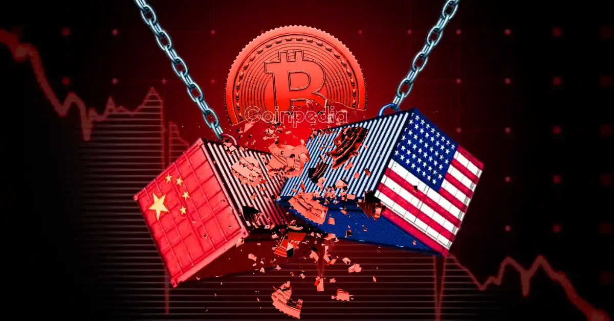 Containers with US and Chinese flags collide violently, symbolizing trade war, with Bitcoin in the background as an economic alternative.
