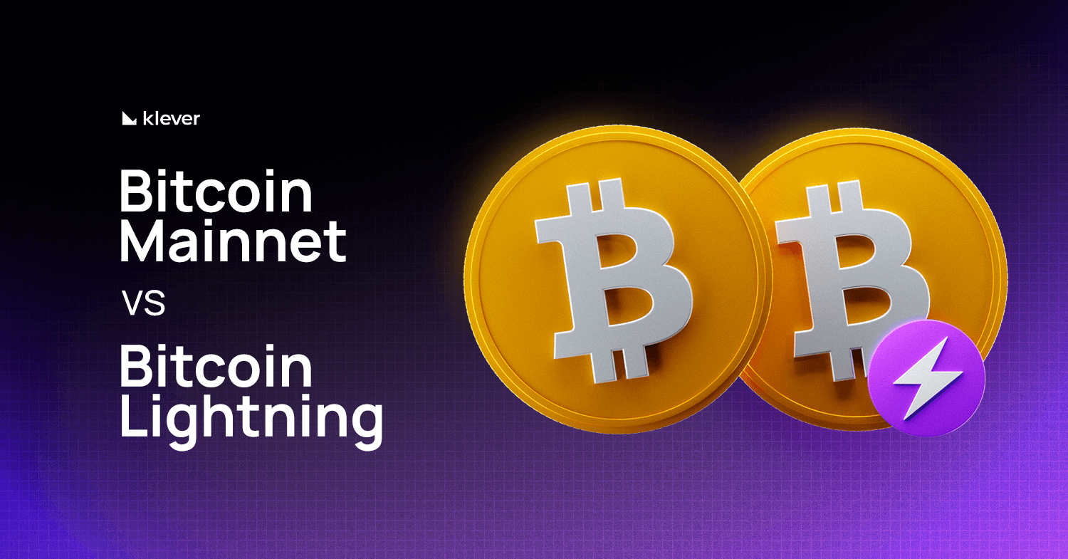 Visual comparison of Bitcoin Mainnet and Bitcoin Lightning, featuring two Bitcoin coins and a lightning symbol, with Klever branding