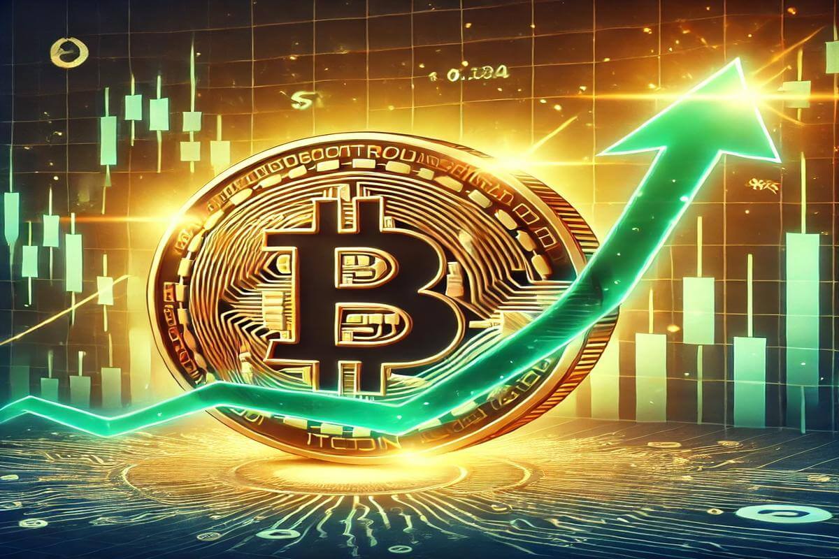 Bitcoin with graph in the background and green arrow pointing upwards, representing strong appreciation of BTC in the market.