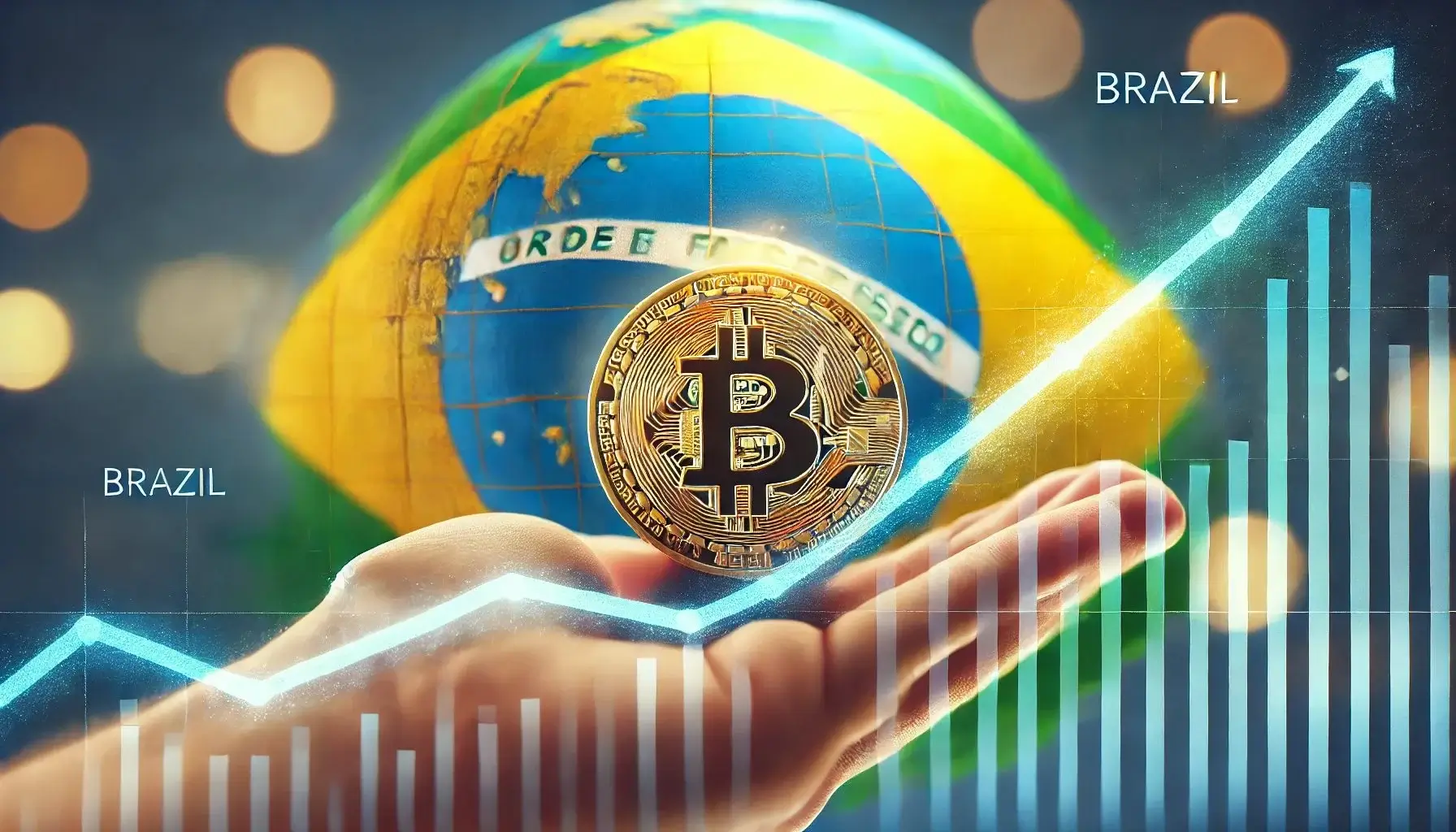 Bitcoin em destaque sobre mão com gráfico em alta e bandeira do Brasil ao fundo, representando adoção crescente de criptoativos no país.