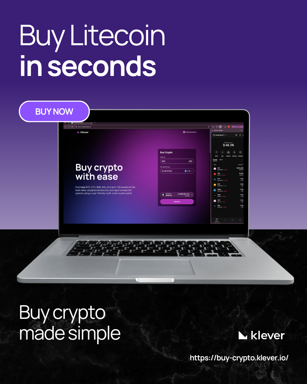 Promotional image showing a laptop with the Klever Wallet interface on screen and the text "Buy Litecoin in seconds" and "Buy crypto made simple" — highlighting fast and easy Litecoin purchases via Klever Wallet