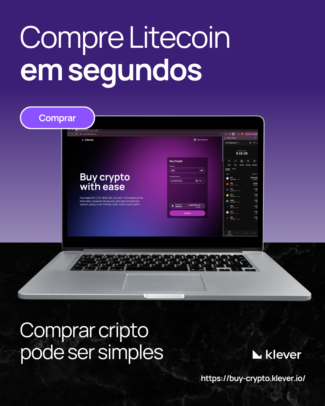 Notebook exibindo a tela de compra de criptomoedas no site da Klever, com destaque para a opção de compra de Litecoin (LTC). Texto principal diz "Compre Litecoin em segundos" e "Comprar cripto pode ser simples", com botão "Comprar" em destaque.