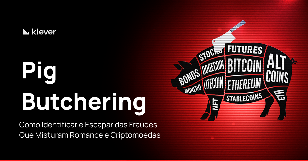 Imagem ilustrativa sobre golpes de pig butchering, mostrando um porco com cortes nomeados com ativos financeiros como Bitcoin, Ethereum e altcoins, simbolizando fraudes que misturam romance e investimentos em criptomoedas