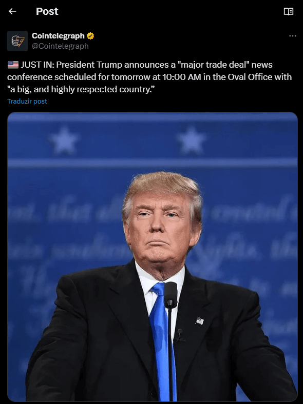 Donald Trump during a press conference announcement about a new trade agreement with an influential country, scheduled for tomorrow at 10 am.
