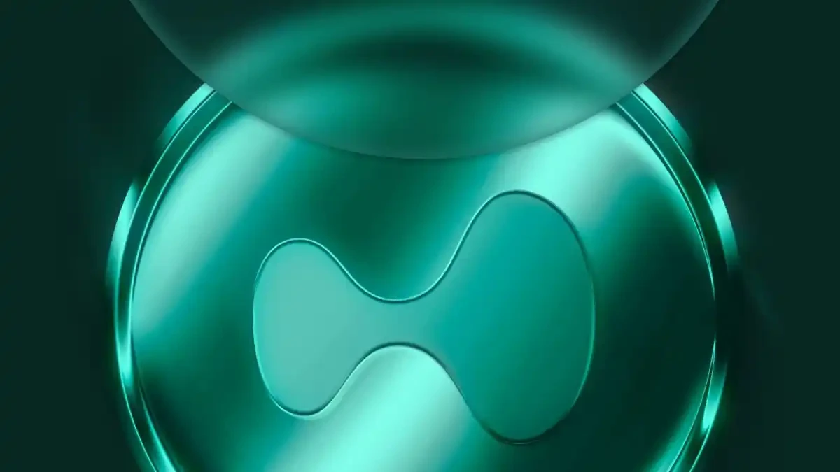 Three-dimensional symbol of the Brazilian stablecoin Drex, with a metallic effect in aqua green tones on a dark background.