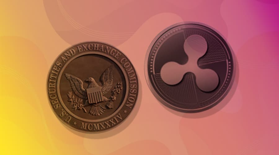 SEC and Ripple (XRP) cryptocurrency symbols on a gradient background, representing regulatory dispute in the US.