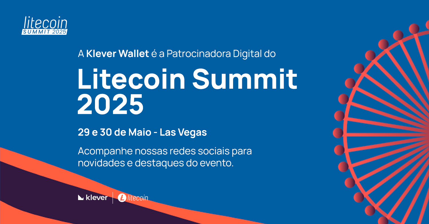 Imagem de anúncio destacando a Klever Wallet como Patrocinadora Digital do Litecoin Summit 2025. O evento acontece em Las Vegas, nos dias 29 e 30 de maio. A arte inclui os logotipos da Klever e do Litecoin, além do texto com data e local sobre um fundo azul com elementos gráficos circulares em vermelho.