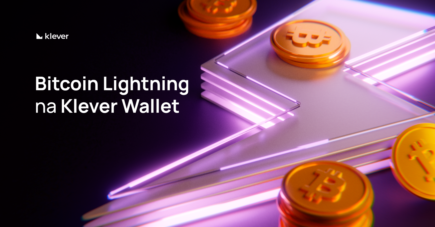 Ilustração digital com ícones de Bitcoin dourados ao redor de um símbolo de raio iluminado em neon, representando a integração do Bitcoin Lightning na Klever Wallet. Texto na imagem: "Bitcoin Lightning na Klever Wallet".
