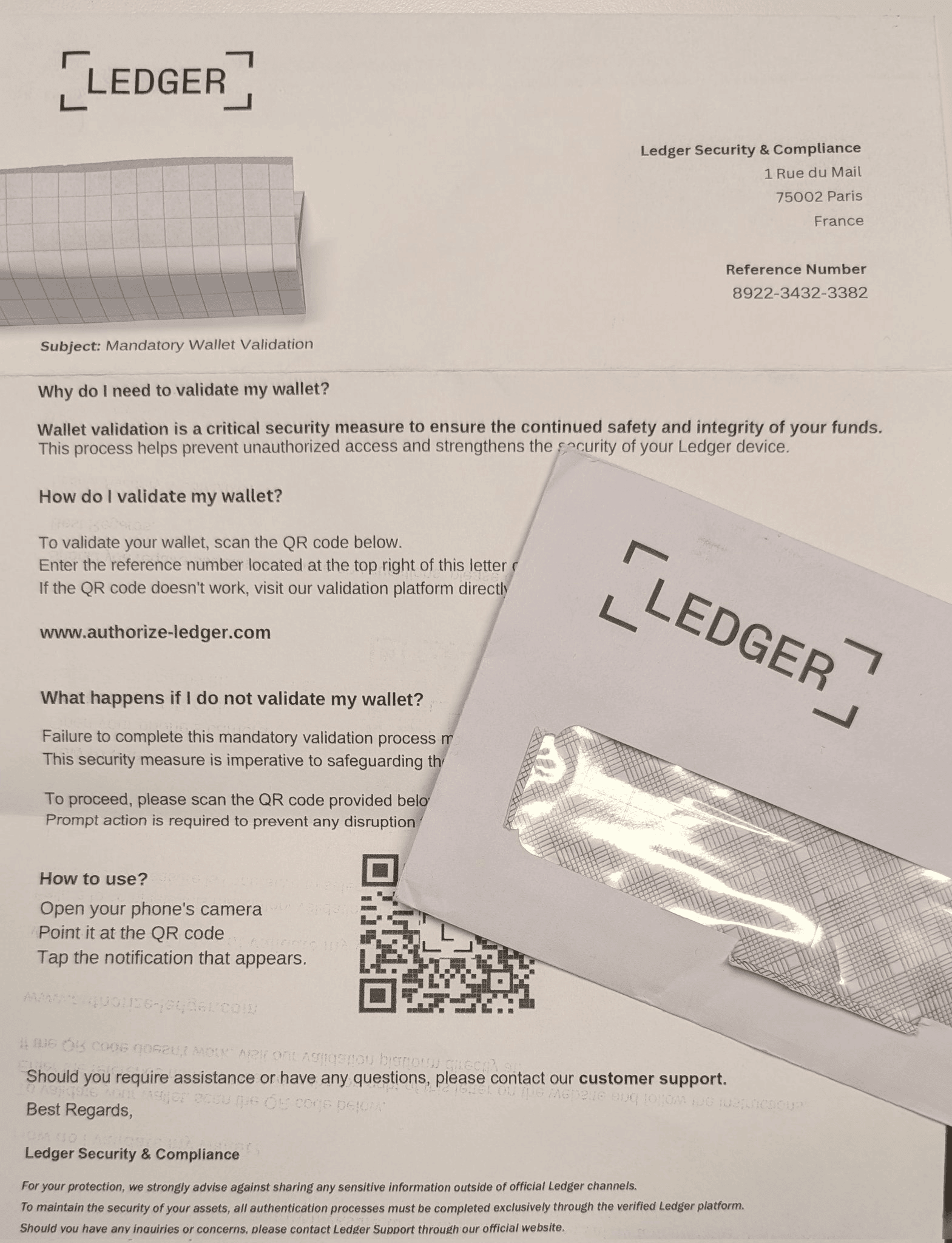 Scam letter impersonating Ledger Security & Compliance, falsely claiming a need for “mandatory wallet validation” and including a QR code linking to a phishing website