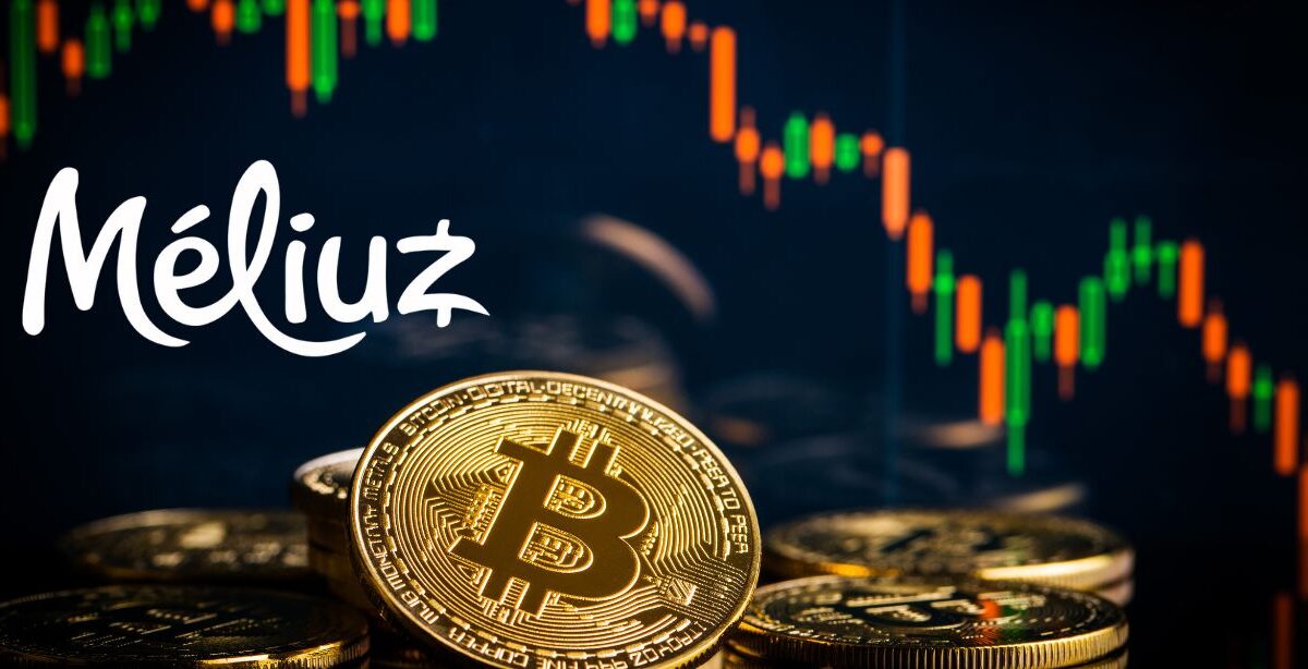 Logo da Méliuz ao lado de moedas de Bitcoin com gráfico de candlestick ao fundo, representando investimento em criptoativos.