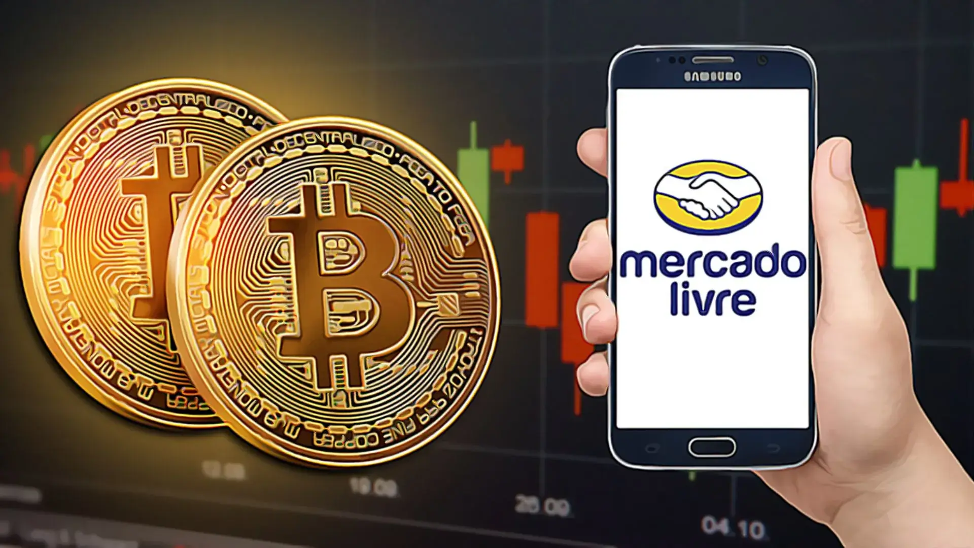 Bitcoin ao lado de celular exibindo o logo do Mercado Livre, sugerindo adoção de criptomoedas pela empresa latino-americana.
