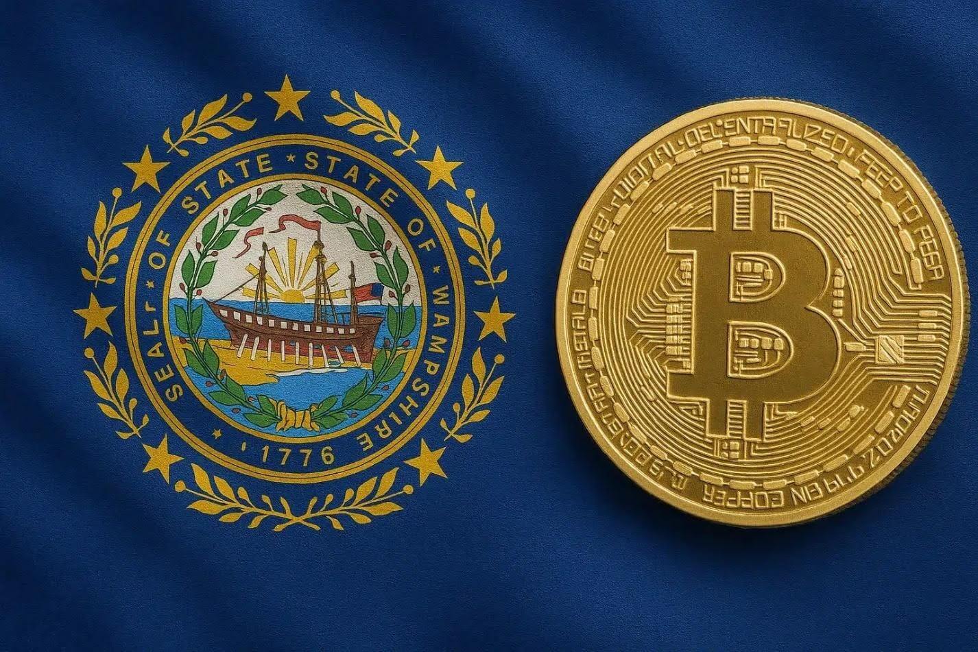 New Hampshire state seal next to a golden Bitcoin coin, symbolizing its new public BTC reserve.