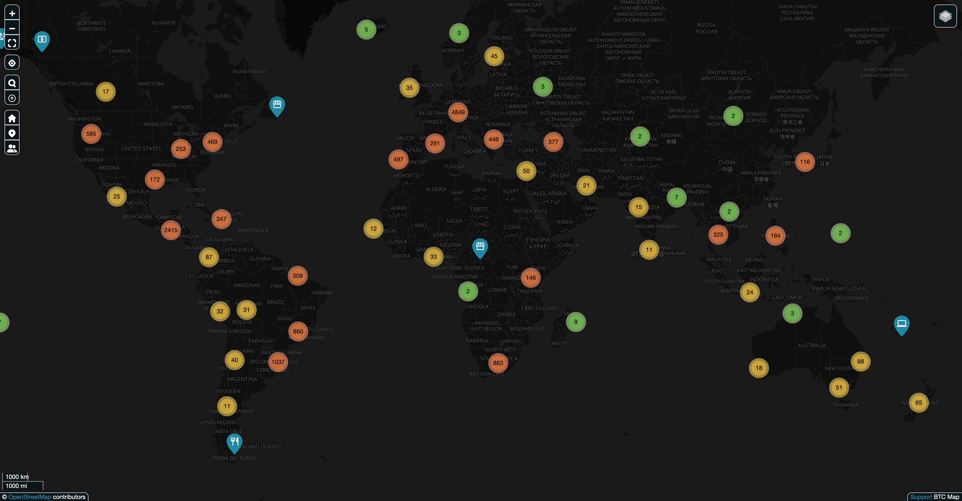 World map visualization showing clusters of businesses that accept Bitcoin as a payment method, with colored circles representing the number of locations—green for fewer, red for higher concentrations—across various continents, based on Lightning Network or Bitcoin usage