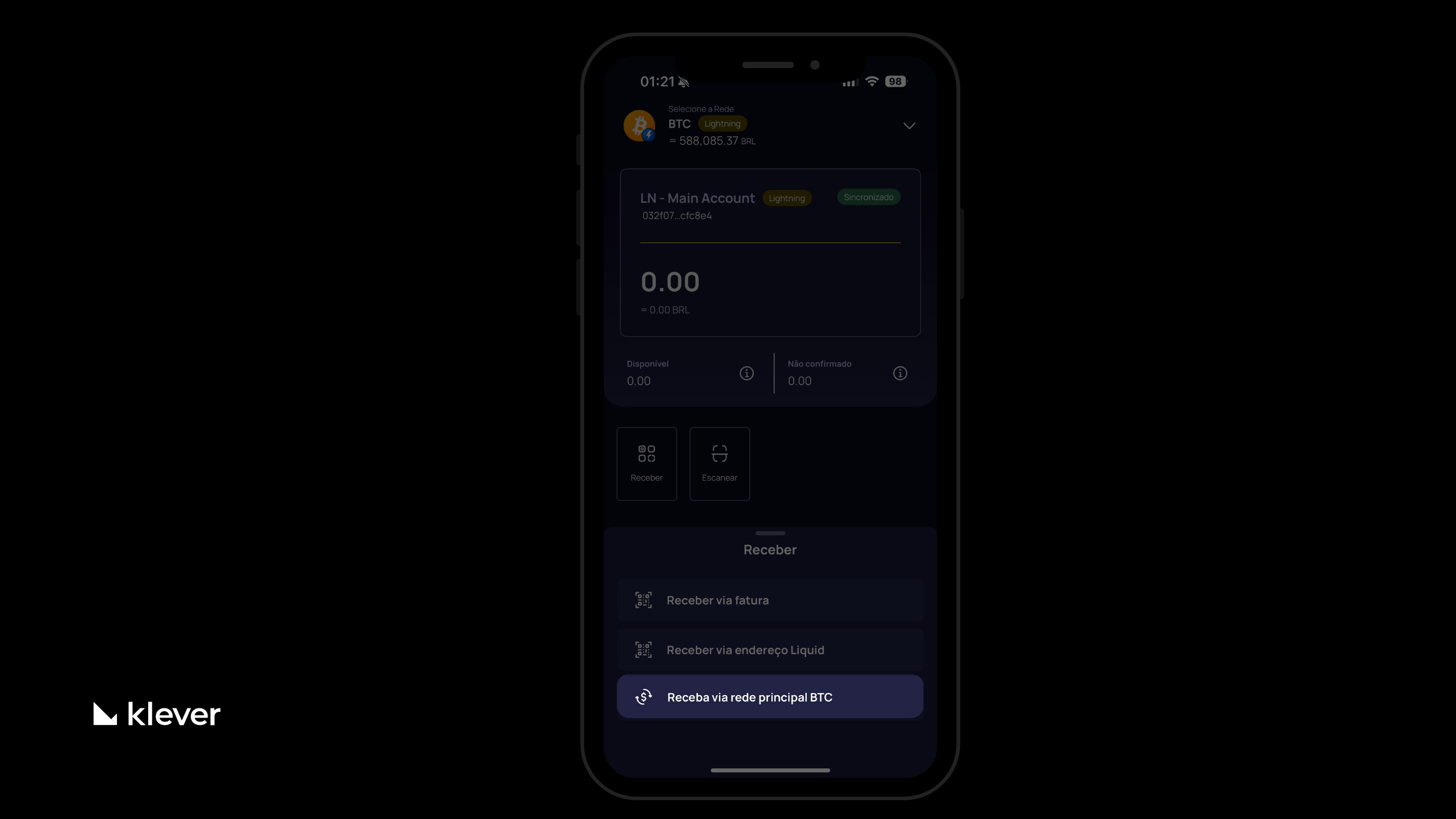 Tela da Klever Wallet com a opção “Receba via rede principal BTC” selecionada na conta Bitcoin Lightning.