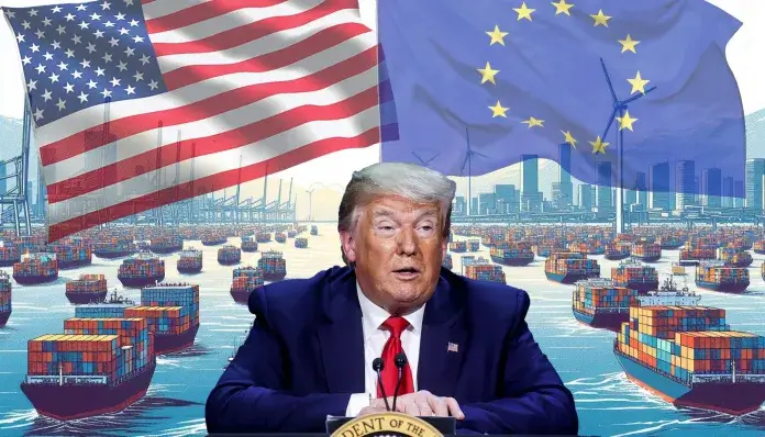 Donald Trump at a press conference with U.S. and European Union flags in the background, symbolizing trade tensions and export tariffs.