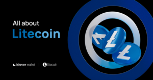 Graphic with the title 'All about Litecoin' featuring three shiny blue Litecoin coins in the center of circular rings. At the bottom, the logos of Klever Wallet and Litecoin are displayed side by side.