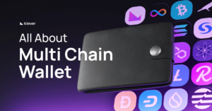 Black wallet with blockchain logos like Ethereum, Bitcoin, and Solana, representing Klever multi-chain wallet.