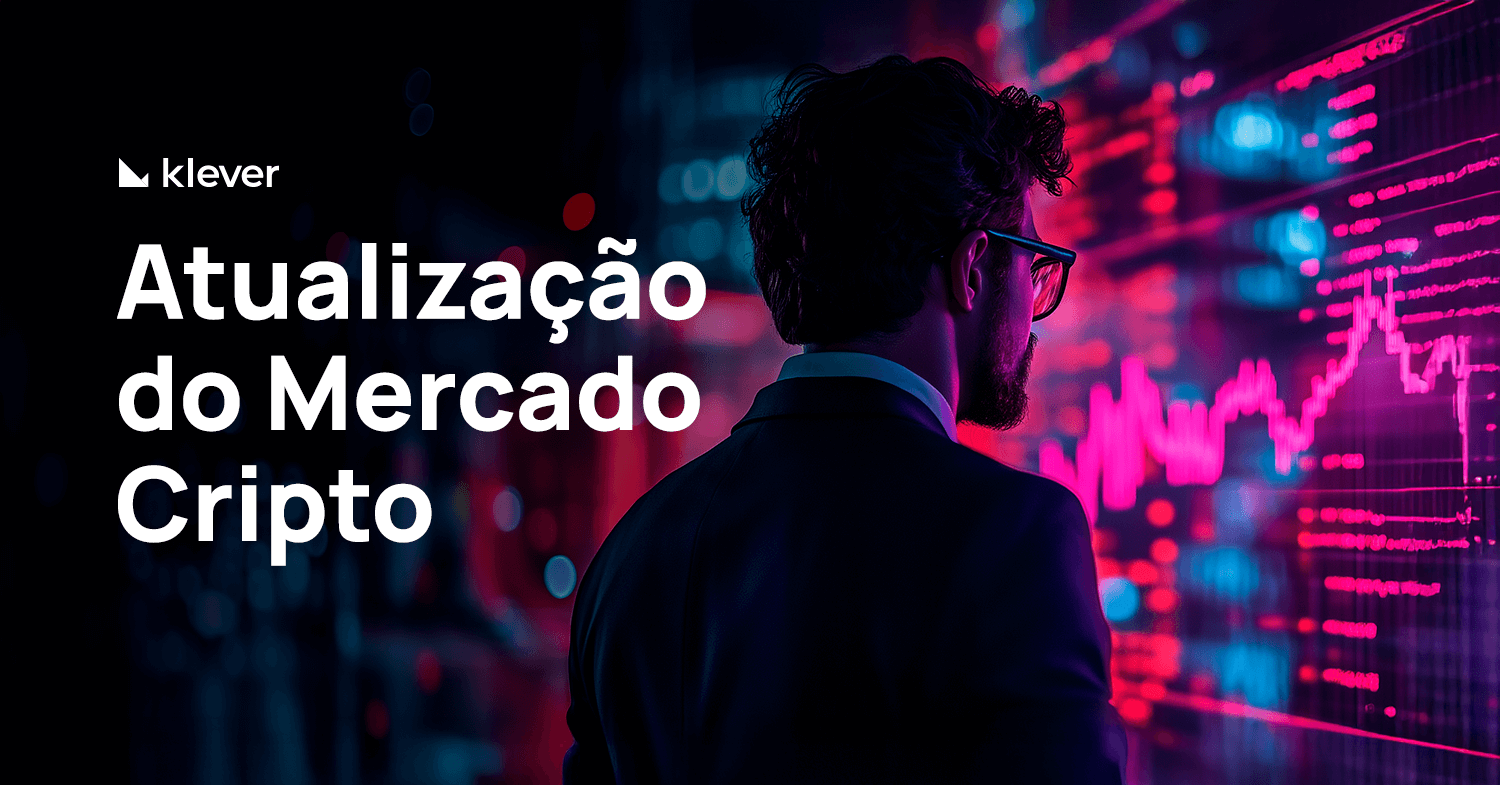 Um profissional observa gráficos de criptomoedas em uma tela digital, ao lado do título 'Atualização do mercado de criptomoedas' da Klever.
