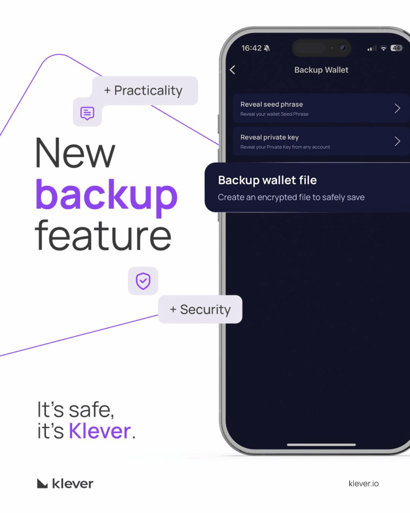 Klever app screenshot highlighting new backup feature with encrypted file to protect seedphrase and private key