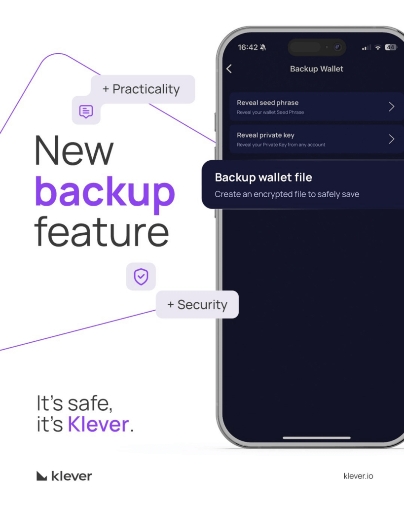 Klever app screenshot highlighting new backup feature with encrypted file to protect seedphrase and private key