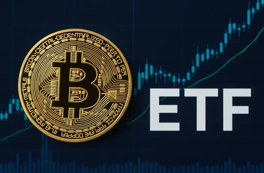 Bitcoin coin next to the acronym ETF on a bullish chart, symbolizing exchange-traded funds with exposure to BTC.