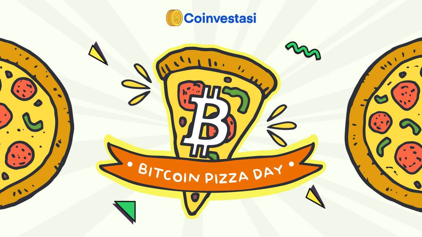Illustration of a pizza slice with the Bitcoin symbol in the center, celebrating Bitcoin Pizza Day with a Coinvestasi banner.