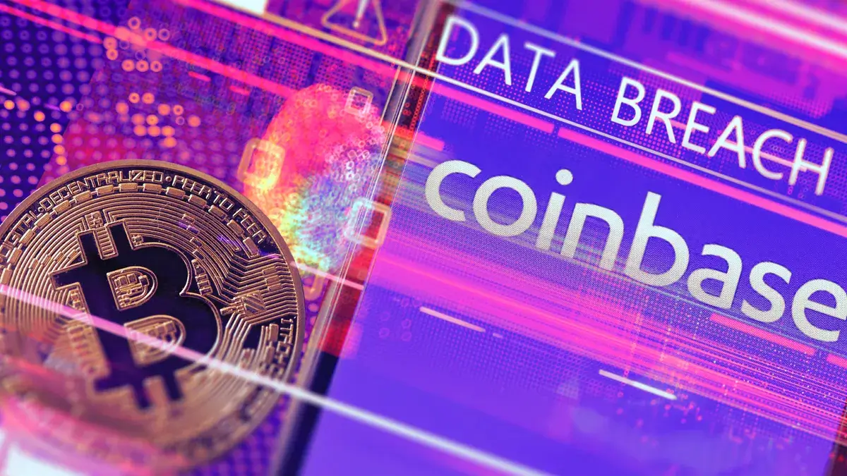 Coinbase data breach alert featuring the exchange's logo and a golden Bitcoin in the foreground.
