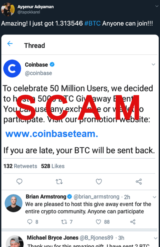 Fake Coinbase giveaway tweet claiming to celebrate 50 million users with a 500 BTC event, linking to a phishing domain “coinbaseteam.com.” The tweet includes fabricated replies and fake endorsements, with a bold red “SCAM” label overlaying the image to highlight its fraudulent nature