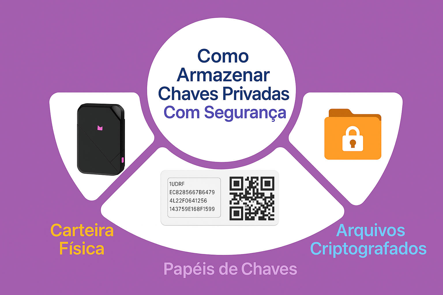 Visual com três métodos seguros para armazenar chaves privadas: carteiras físicas, papel impresso e arquivos criptografados