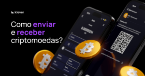 Tela da Klever Wallet mostrando envio e recebimento de criptomoedas com destaque para Bitcoin e QR Code.