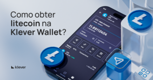 Tela de smartphone exibindo o aplicativo Klever Wallet com a conta de Litecoin (LTC) aberta, mostrando saldo e botões de ação como Enviar, Trocar, Comprar e Receber. Ícones 3D do Litecoin cercam o celular. Texto: "Como obter Litecoin na Klever Wallet?"