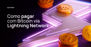 Como pagar com Bitcoin via Lightning Network com imagem de moedas BTC e símbolo de raio representando transações rápidas