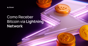 magem promocional da Klever com o texto “Como Receber Bitcoin via Lightning Network” ao lado de um símbolo de raio iluminado e moedas de Bitcoin flutuando